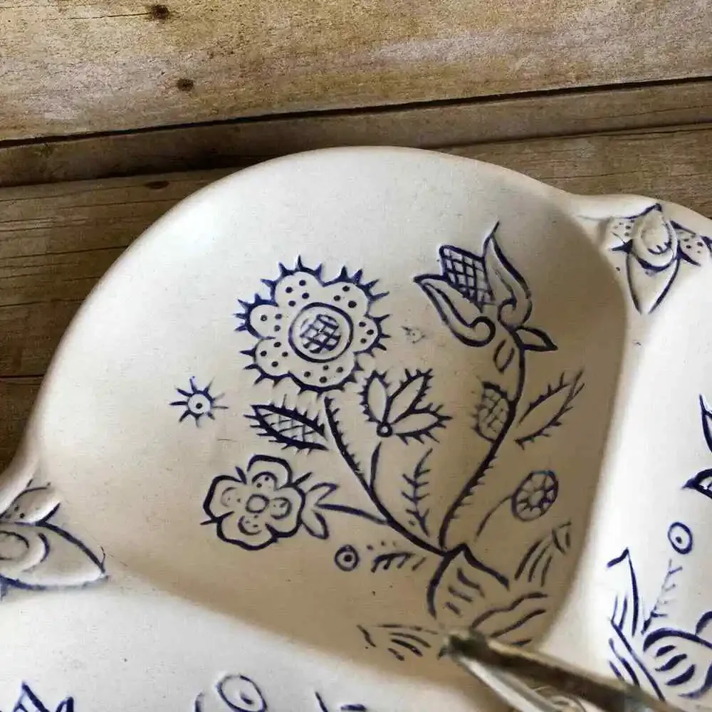 California Pottery Vintage White & Blue Floral Divided Serving Tray - Ceramic